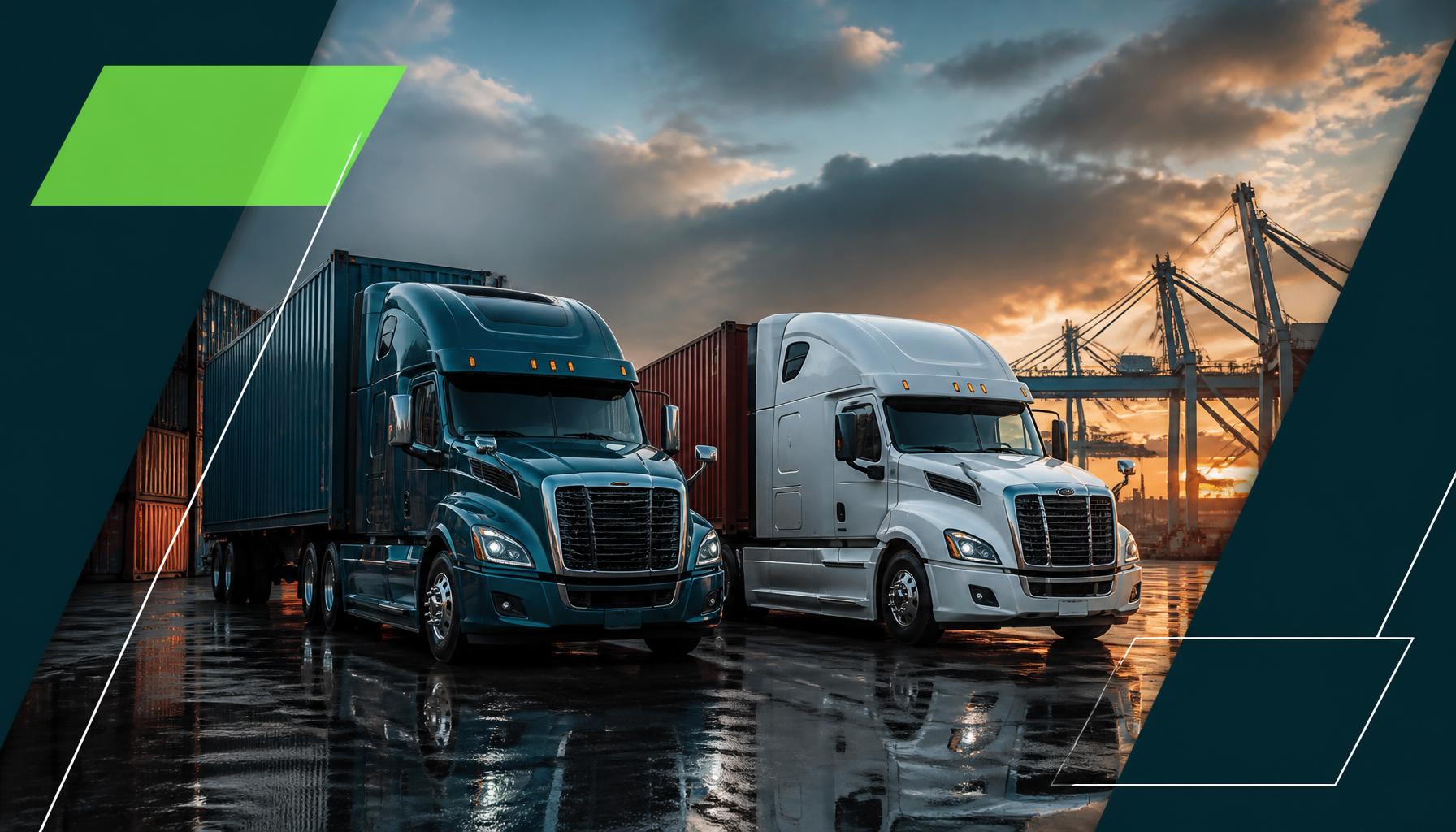 Two modern semi-trucks with stacked shipping containers